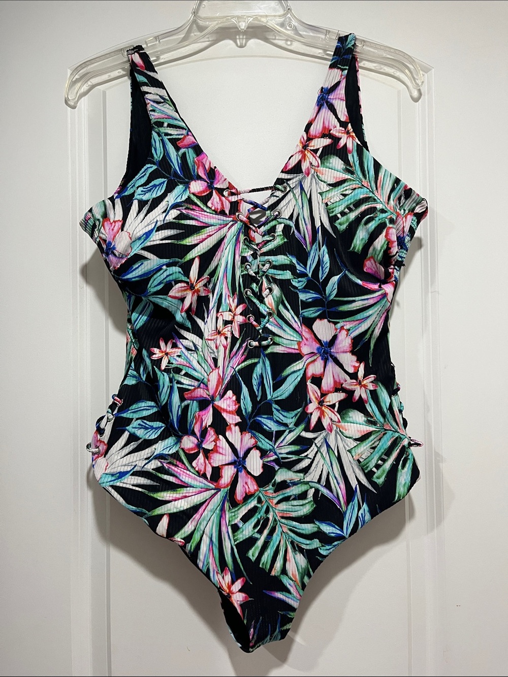 Fashion Nova Black Tropical Floral Lace-Up One-Piece Swimsuit